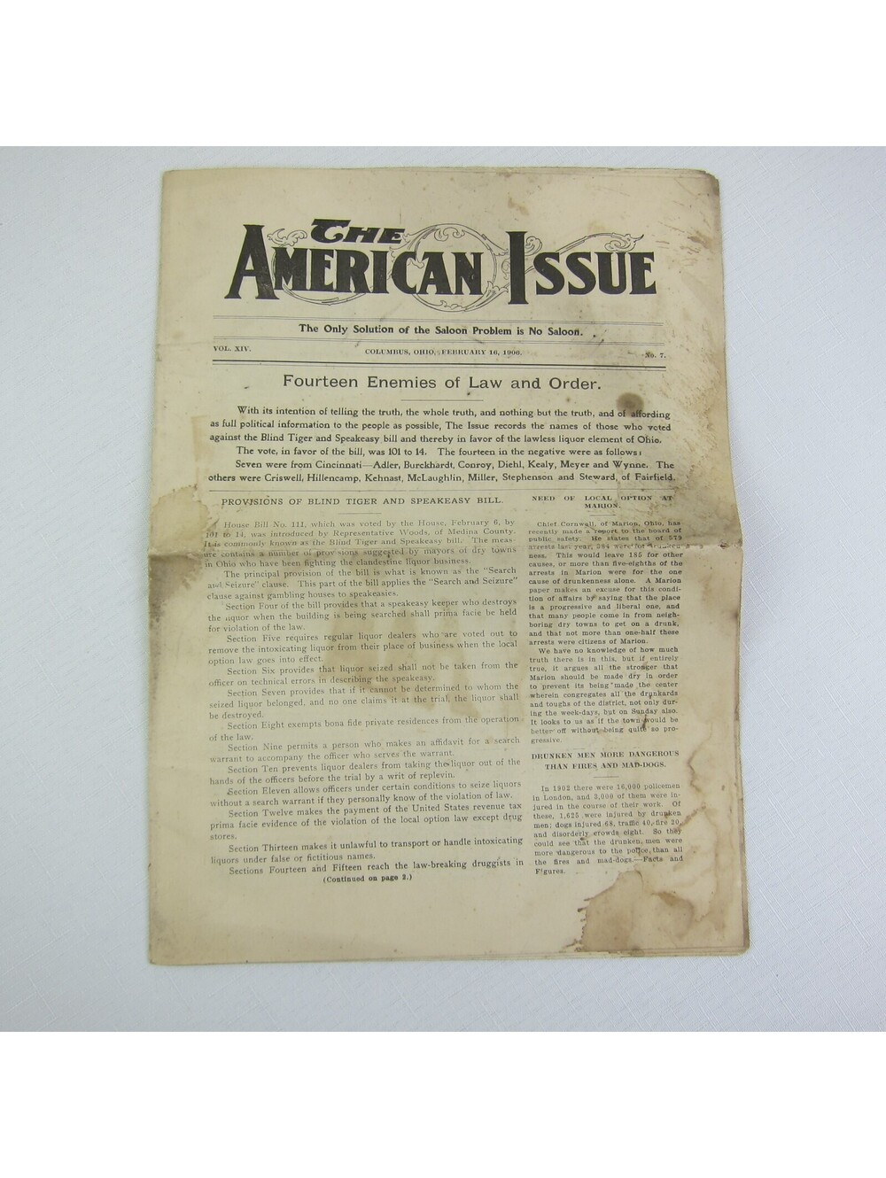 The American Issue Prohibition Newspaper Columbus Ohio Antique 1906 RARE